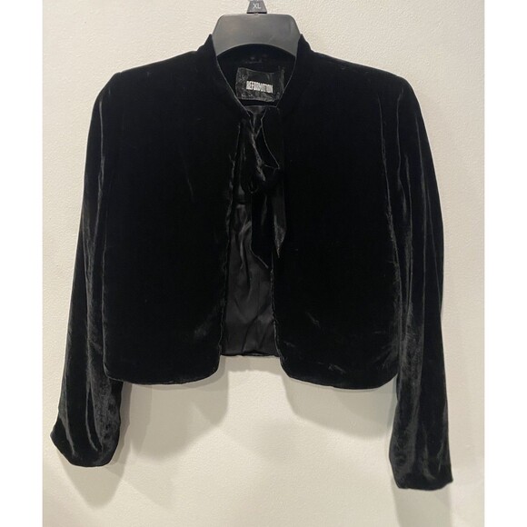 Reformation Black Velvet Cropped Bolero Jacket Open Front Whimsigoth Sz XS - Picture 2 of 8